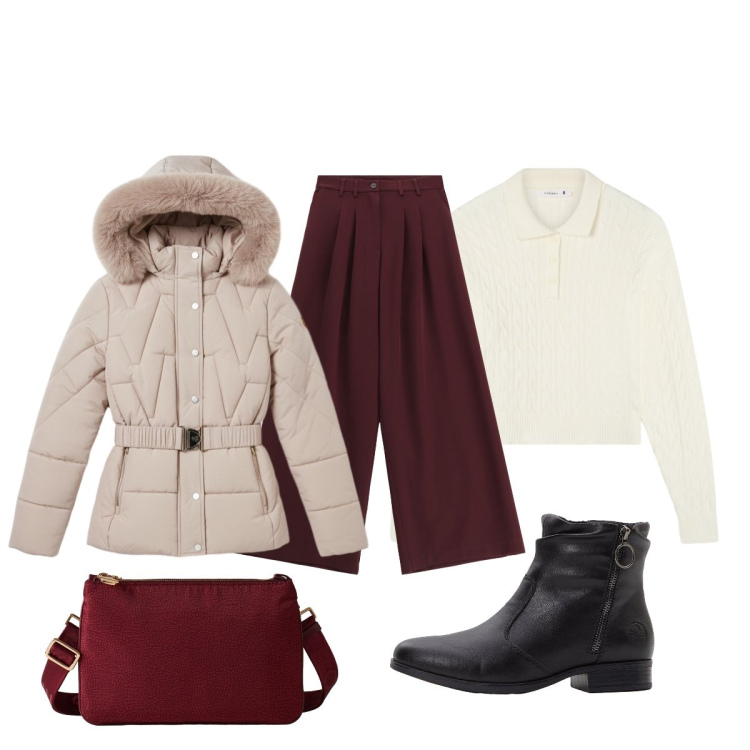 Outfit donna - Total look #2297119. Stile Minimal per Tutti i giorni. Abbinamento con stivaletti, pantaloni, piumini, polo, borse a tracolla.