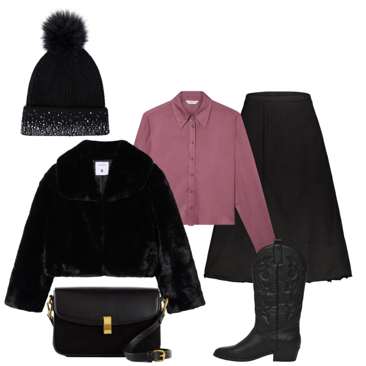 Outfit donna - Total look #2297121. Stile Bon Ton per Ufficio. Abbinamento con borse a mano, berretti, stivaletti texani, camicie, ecopellicce, gonne lunghe.