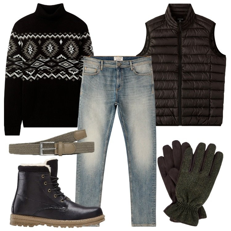 Outfit uomo - Total look #2297122. Stile Casual per Tutti i giorni. Abbinamento con stivali e stivaletti, maglieria, cinture, jeans skinny, piumini, guanti.