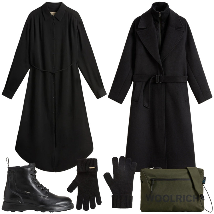 Outfit donna - Cappotto nero con cintura. Stile Urban per Serata fuori. Abbinamento con guanti, borse a tracolla, anfibi, cappotti, vestiti lunghi.