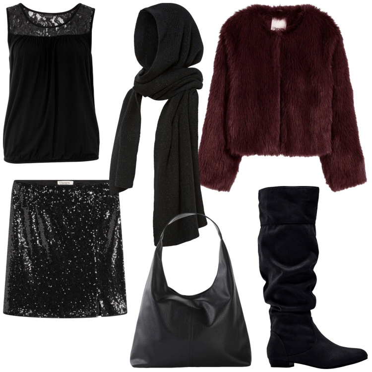 Outfit donna - Gonna con paillettes. Stile Glamour per Serata fuori. Abbinamento con ecopellicce, top, stivali, sciarpe, shopping bag, minigonne.