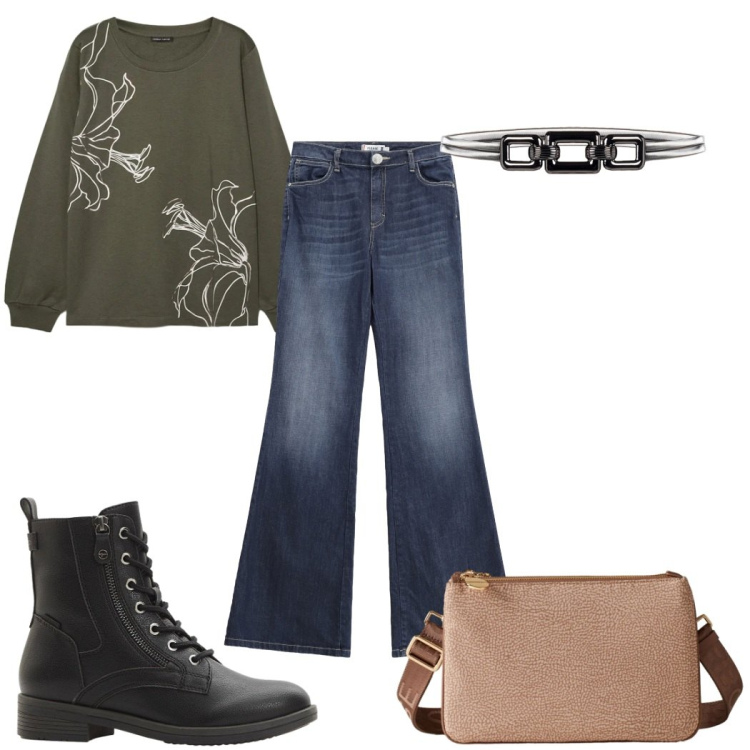 Outfit donna - Total look #2297128. Stile Basic per Tutti i giorni. Abbinamento con stivaletti, jeans a zampa, cinture, borse a tracolla, felpe.