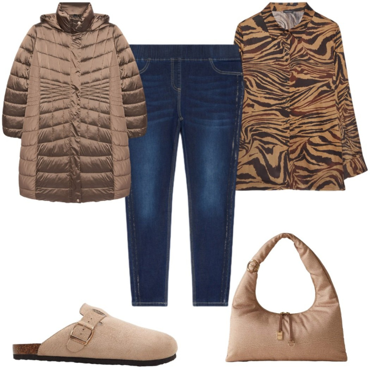 Outfit donna - Total look #2297129. Stile Trendy per Tutti i giorni. Abbinamento con pantofole, borse a mano, jeggings, piumini, camicie.