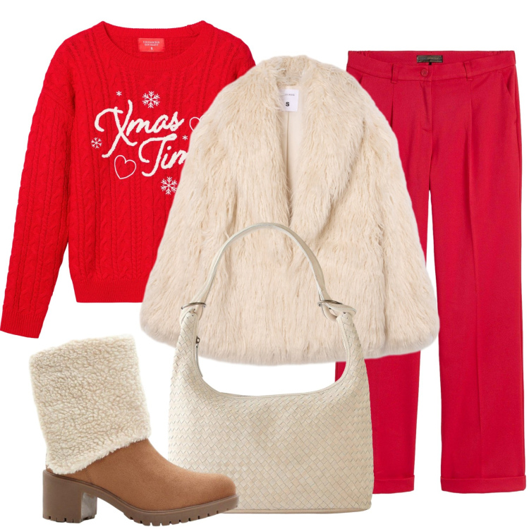 Outfit donna - Pensando al Natale. Stile Casual chic per Tutti i giorni. Abbinamento con shopping bag, stivaletti, pantaloni, ecopellicce, maglieria.