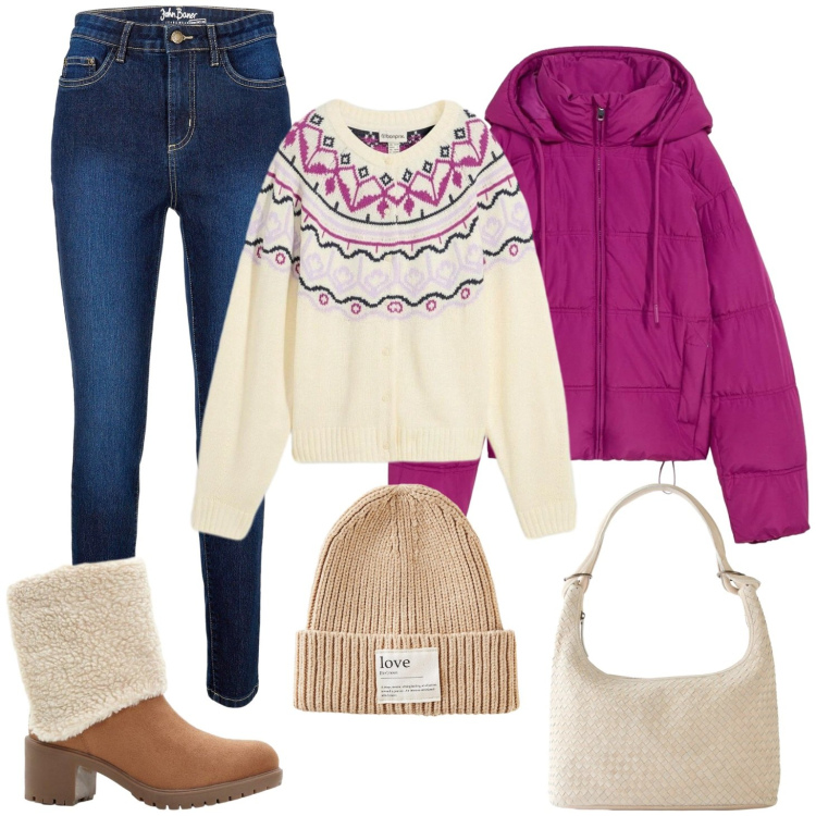 Outfit donna - Comfort con stile. Stile Casual per Tutti i giorni. Abbinamento con cardigans, giacche, jeans skinny, berretti, shopping bag, stivaletti.