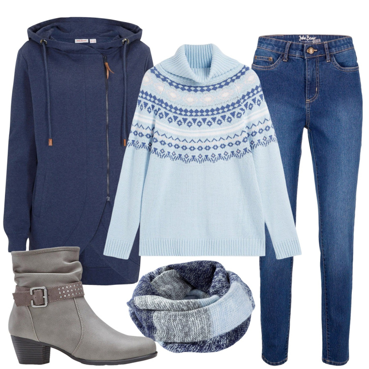 Outfit donna - Maglione norvegese. Stile Casual per Tutti i giorni. Abbinamento con blazer, stivaletti, jeans skinny, foulard, maglieria.