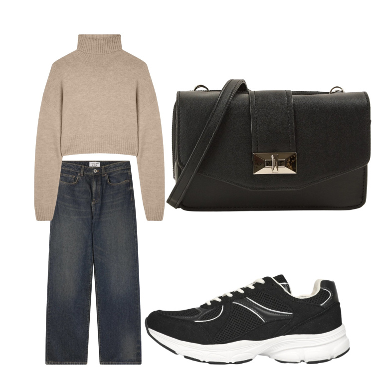 Outfit donna - Aperitivo. Stile Trendy per Tutti i giorni. Abbinamento con jeans dritti, maglieria, borse a tracolla, sneakers.
