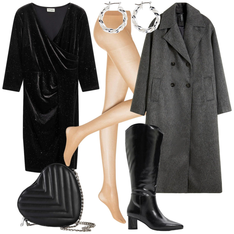 Outfit donna - Abito corto in velluto. Stile Chic per Serata fuori. Abbinamento con orecchini, collant, stivali, cappotti, vestiti corti, borse a tracolla.