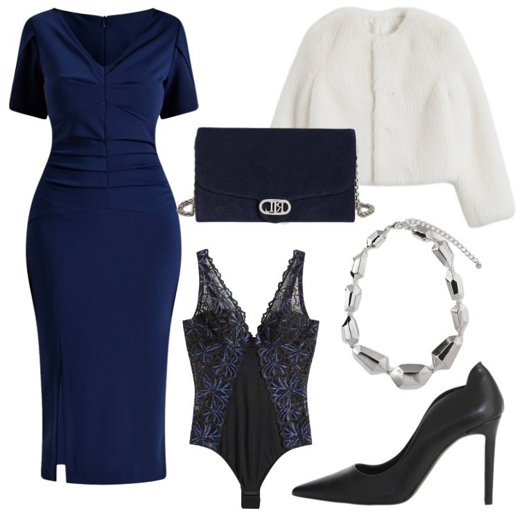 Outfit donna - Total look #2297140. Stile Chic per Serata fuori. Abbinamento con body, vestiti midi/longuette, ecopellicce, décolleté, borse a tracolla, ciondoli.