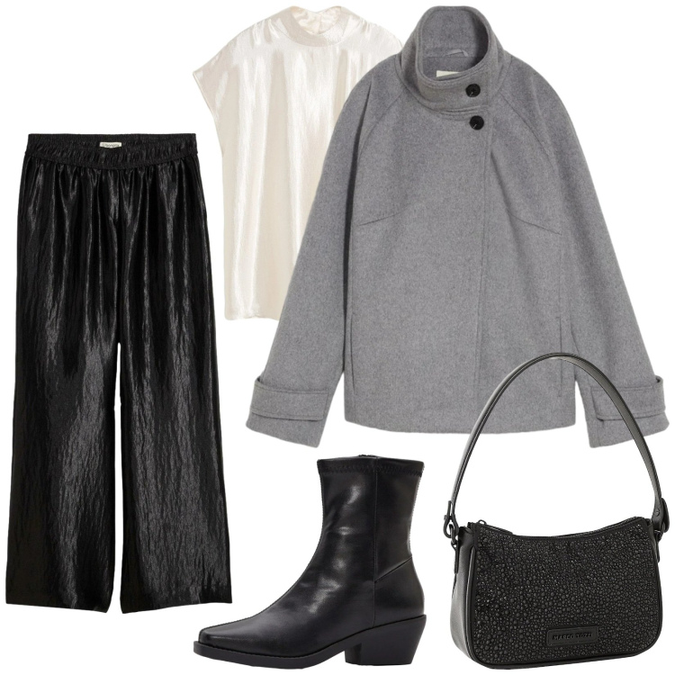 Outfit donna - Pantaloni satinati. Stile Chic per Serata fuori. Abbinamento con blazer, top, stivaletti, borse a mano, pantaloni a palazzo.