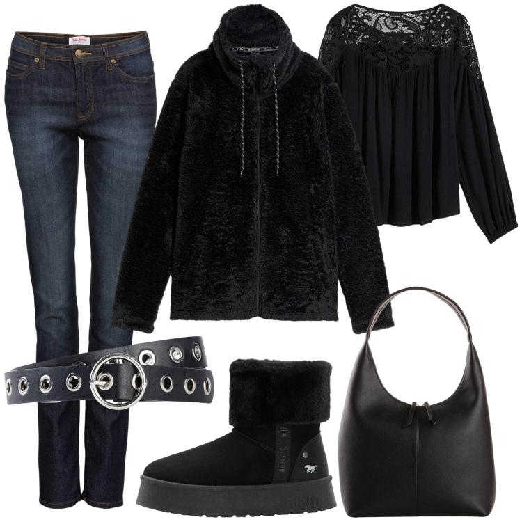 Outfit donna - Glamour con i jeans. Stile Glamour per Serata fuori. Abbinamento con jeans mom, tuniche, blazer, shopping bag, stivaletti, cinture.