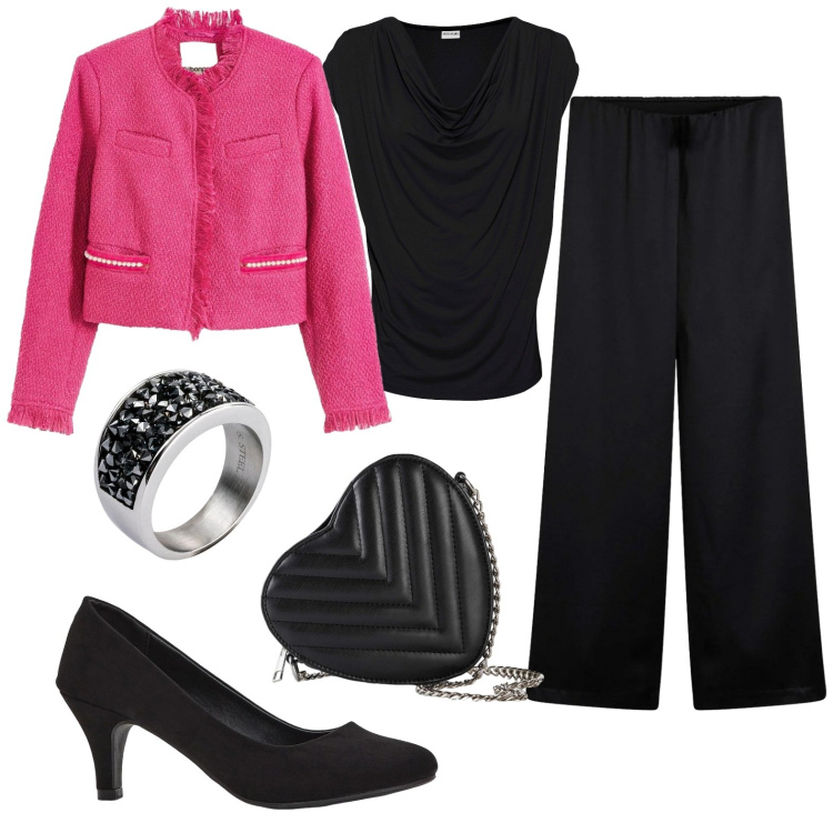 Outfit donna - Party in black. Stile Casual chic per Serata fuori. Abbinamento con blazer, pantaloni a palazzo, décolleté, maglieria, borse a tracolla, anelli.