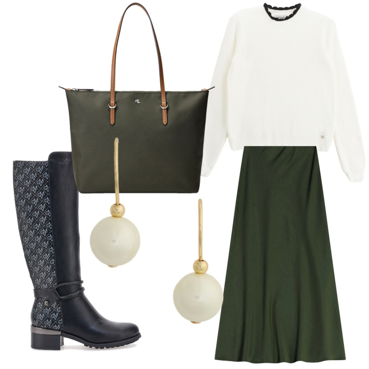 Outfit donna - Raso con stile. Stile Casual chic per Tutti i giorni. Abbinamento con pullovers, gonne lunghe, borse tote, orecchini, stivali.