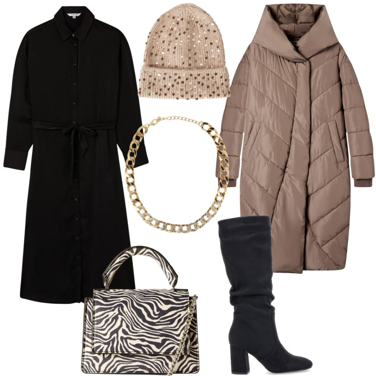 Outfit donna - Feste in famiglia. Stile Basic per Tutti i giorni. Abbinamento con vestiti chemisier, cappotti, berretti, collane, borse a tracolla, stivali sopra il ginocchio.