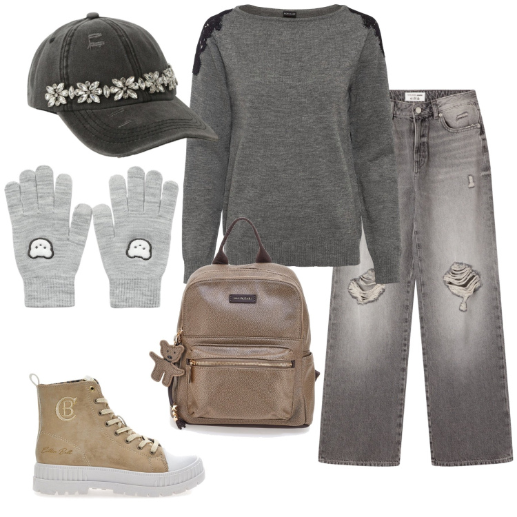 Outfit donna - Total look #2297370. Stile Casual per Tutti i giorni. Abbinamento con maglieria, jeans strappati, guanti, cappelli, stivaletti, zaini.