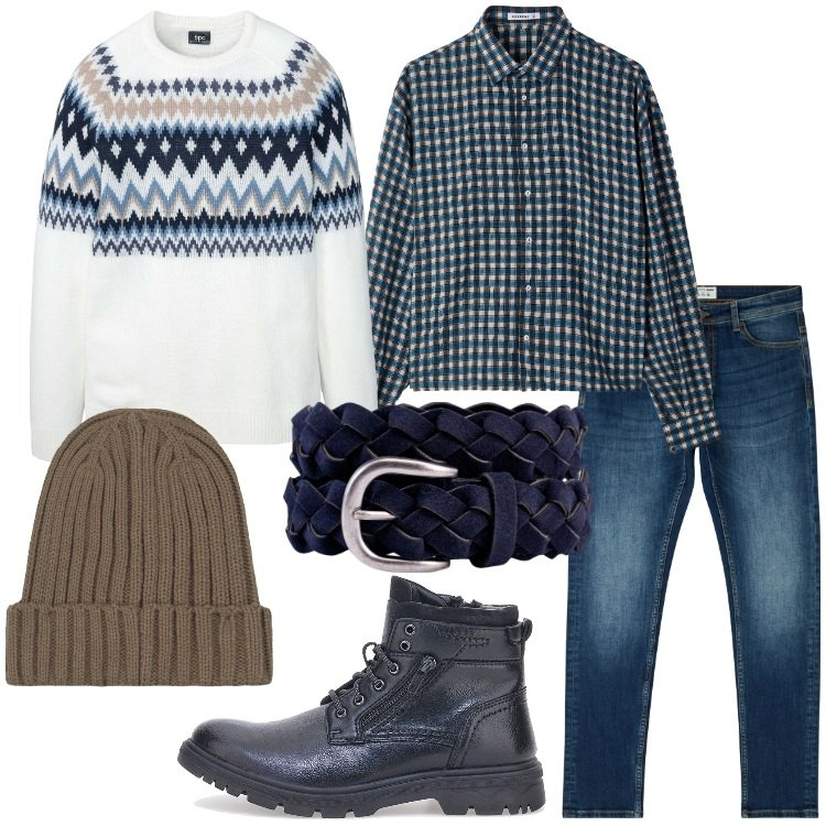 Outfit uomo - Maglione delle feste. Stile Casual per Tutti i giorni. Abbinamento con maglieria, jeans skinny, camicie, cinture, berretti, stivali e stivaletti.