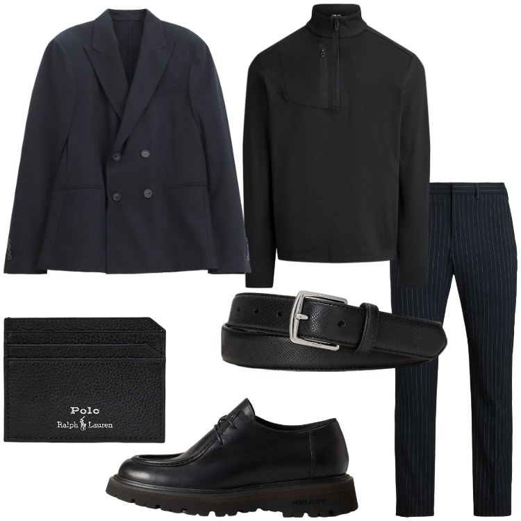 Outfit uomo - Total black d’inverno. Stile Business/Elegante per Serata speciale. Abbinamento con giacche, pullovers, cinture, portafogli, pantaloni, scarpe stringate.