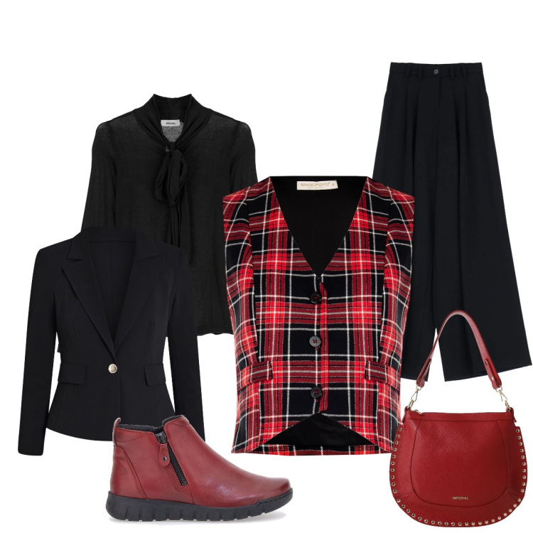 Outfit donna - Il gilè tartan rosso. Stile Glamour per Serata fuori. Abbinamento con pantaloni, gilet, blazer, borse a spalla, top, stivaletti.