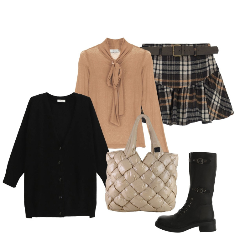 Outfit donna - Tartan per le feste….. Stile Preppy per Serata fuori. Abbinamento con stivali, top, minigonne, cardigans, borse tote.