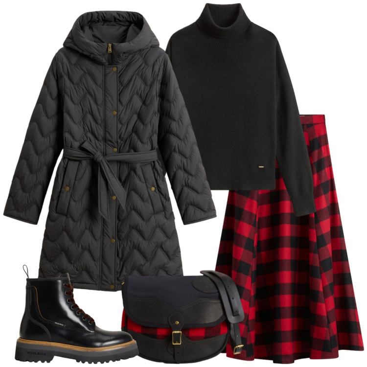 Outfit donna - Heritage. Stile Casual per Scuola/Università. Abbinamento con anfibi, parka, gonne lunghe, borse a tracolla, maglieria.