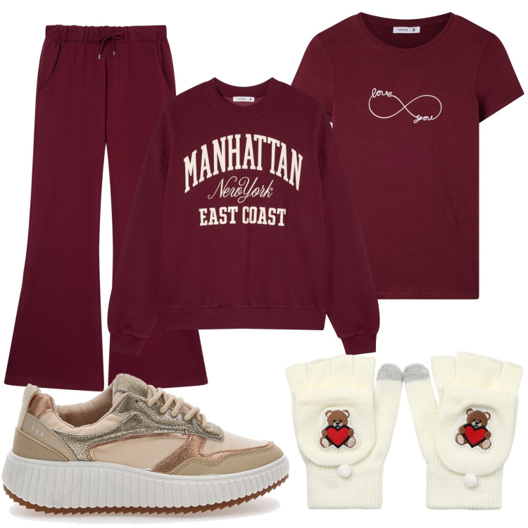 Outfit donna - Total look #2297430. Stile Sporty chic per Sport. Abbinamento con t-shirt, guanti, felpe, pantaloni, sneakers.