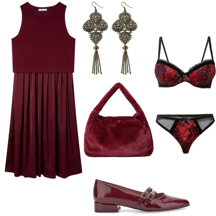 Outfit donna - Orecchini gioiello. Stile Glamour per Serata fuori. Abbinamento con reggiseni, vestiti midi/longuette, orecchini, ballerine, borse a spalla.