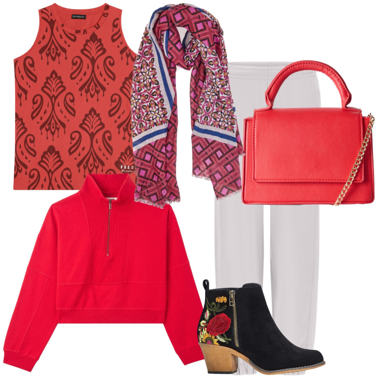 Outfit donna - Il rosso è il colore del Natale. Stile Casual chic per Tutti i giorni. Abbinamento con stivaletti, borse a tracolla, felpe, pantaloni, canottiere, foulard.