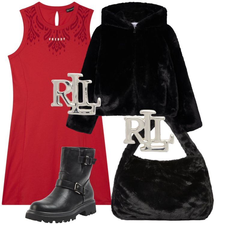 Outfit donna - Un abito rosso per una cena. Stile Glamour per Serata fuori. Abbinamento con ecopellicce, stivaletti, vestiti midi/longuette, orecchini, borse a spalla.