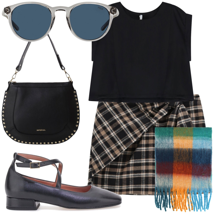 Outfit donna - Una bella gonnellina. Stile Preppy per Tutti i giorni. Abbinamento con top, borse a spalla, minigonne, sciarpe, occhiali da sole, ballerine.