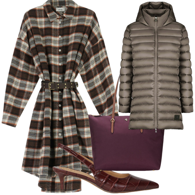 Outfit donna - Ufficio scozzese per primi cincin. Stile Urban per Ufficio. Abbinamento con vestiti corti, décolleté, borse tote, piumini.