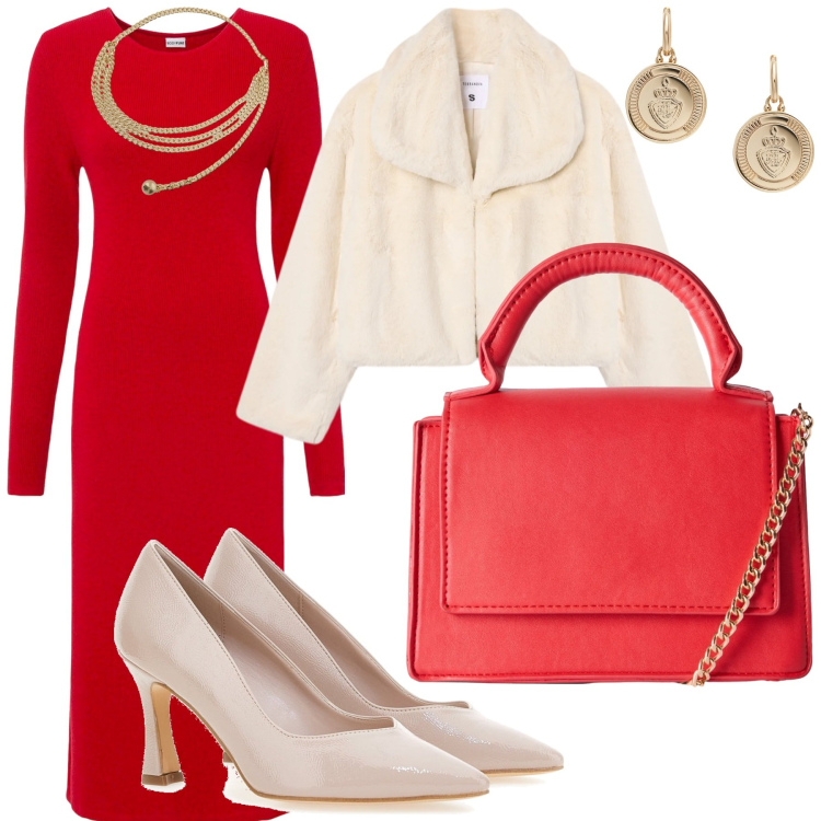 Outfit donna - Natale alle porte. Stile Romantica per Cerimonia. Abbinamento con vestiti, ecopellicce, borse a tracolla, collane, orecchini, décolleté.