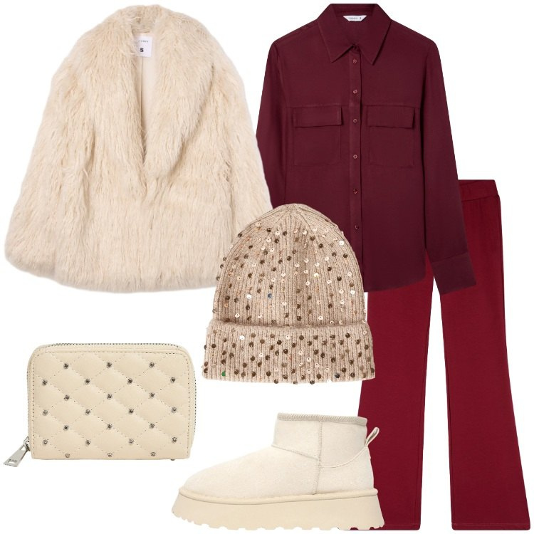 Outfit donna - Terranova - Xmas Edition 2025. Stile Trendy per Serata fuori. Abbinamento con ecopellicce, berretti, camicie, leggings, portafogli, stivaletti.