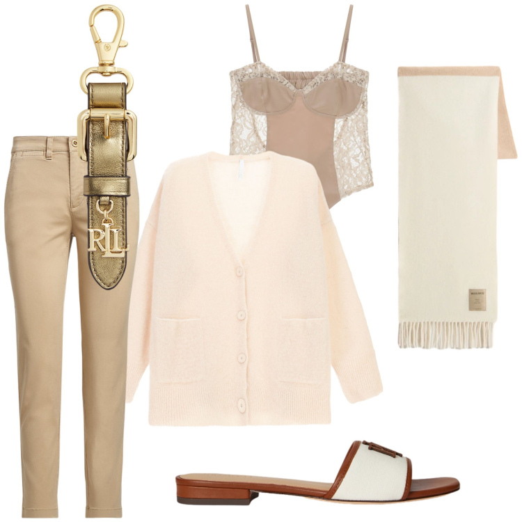 Outfit donna - Christmas at home. Stile Basic per Tutti i giorni. Abbinamento con cardigans, body, pantaloni corti, portachiavi, ciabatte, sciarpe.