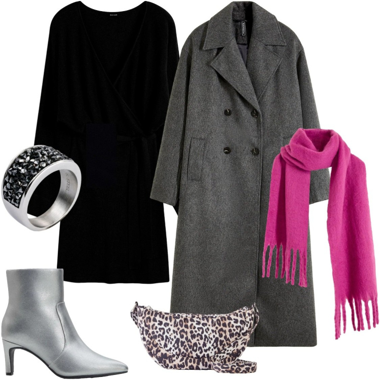 Outfit donna - Stivaletti argento. Stile Glamour per Serata fuori. Abbinamento con vestiti, sciarpe, borse a tracolla, stivaletti, anelli, cappotti.