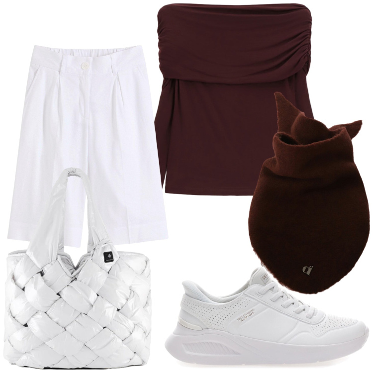 Outfit donna - Un po’ sportivo ma chic. Stile Sporty chic per Tutti i giorni. Abbinamento con bermuda, maglieria, foulard, borse tote, sneakers.