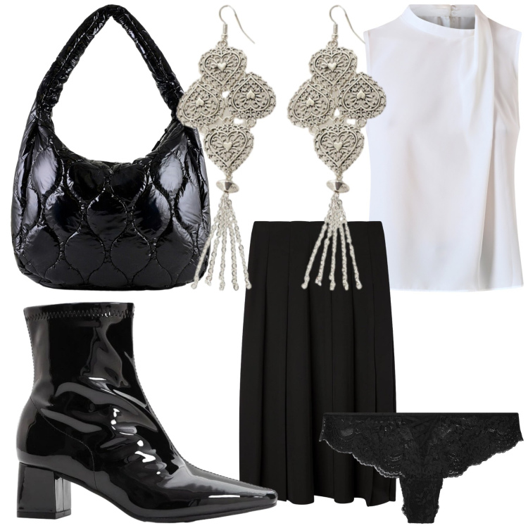 Outfit donna - Cena con amici. Stile Bon Ton per Serata fuori. Abbinamento con stivaletti, gonne lunghe, culotte, top, orecchini, borse tote.