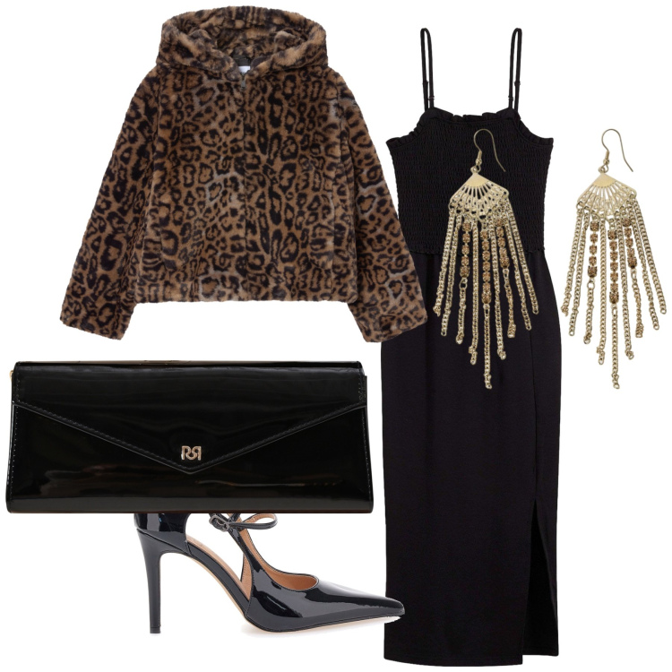 Outfit donna - Prima alla Scala. Stile Glamour per Serata fuori. Abbinamento con vestiti midi/longuette, pochette, ecopellicce, orecchini, décolleté.