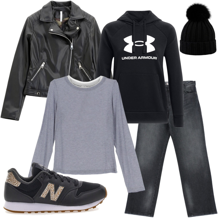 Outfit donna - Giornata in grigio. Stile Casual per Tutti i giorni. Abbinamento con jeans, blazer, t-shirt, berretti, felpe con cappuccio, sneakers.