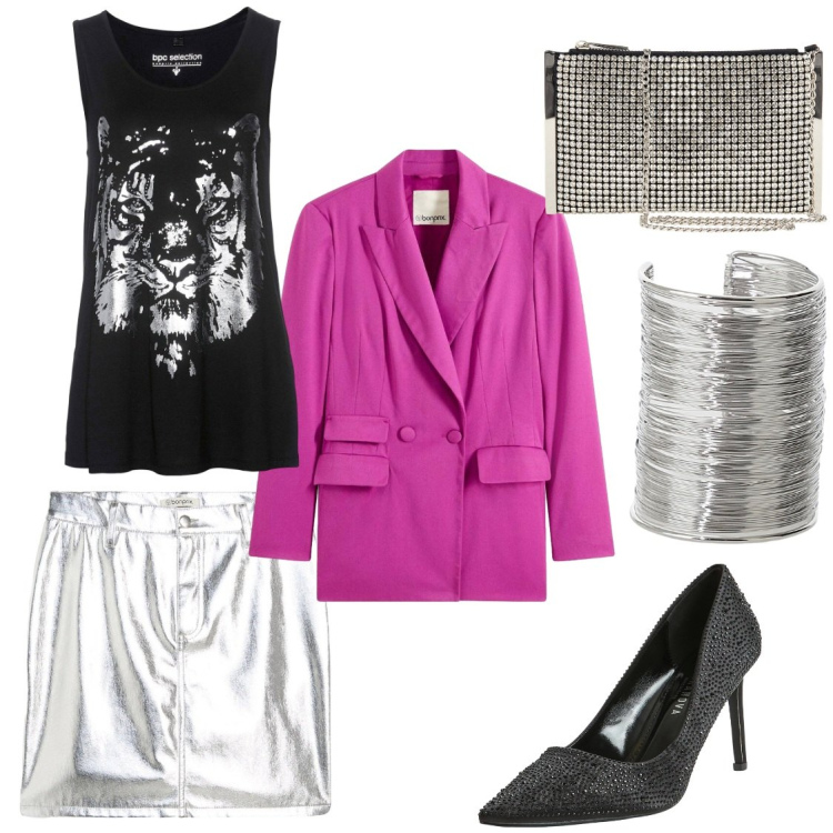 Outfit donna - Party time. Stile Rock per Serata fuori. Abbinamento con minigonne, blazer, top, pochette, décolleté, braccialetti.