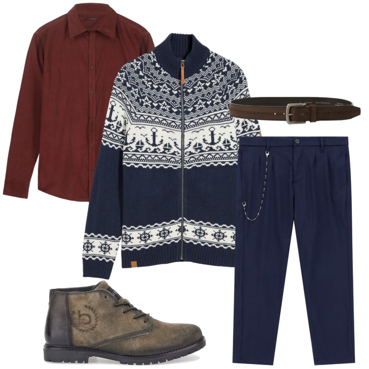 Outfit uomo - Total look #2297488. Stile Casual per Tutti i giorni. Abbinamento con cardigans, pantaloni, cinture, scarpe stringate, camicie.