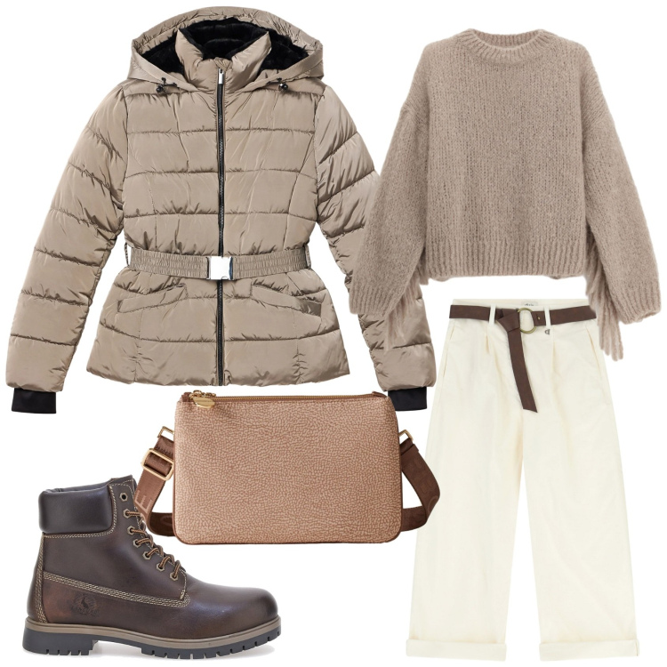 Outfit donna - Total look #2297490. Stile Urban per Tutti i giorni. Abbinamento con piumini, borse a tracolla, pantaloni, maglieria, anfibi.