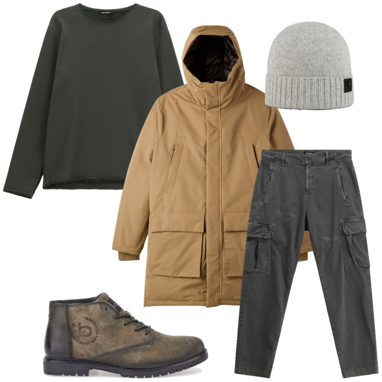 Outfit uomo - Giornata di shopping natalizio. Stile Trendy per Tutti i giorni. Abbinamento con parka, felpe, pantaloni cargo, berretti, scarpe stringate.