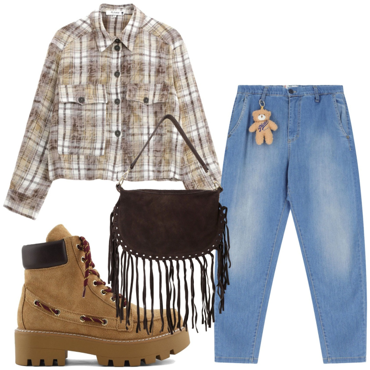 Outfit donna - Total look #2297493. Stile Urban per Tutti i giorni. Abbinamento con jeans, camicie, borse a tracolla, stivaletti.