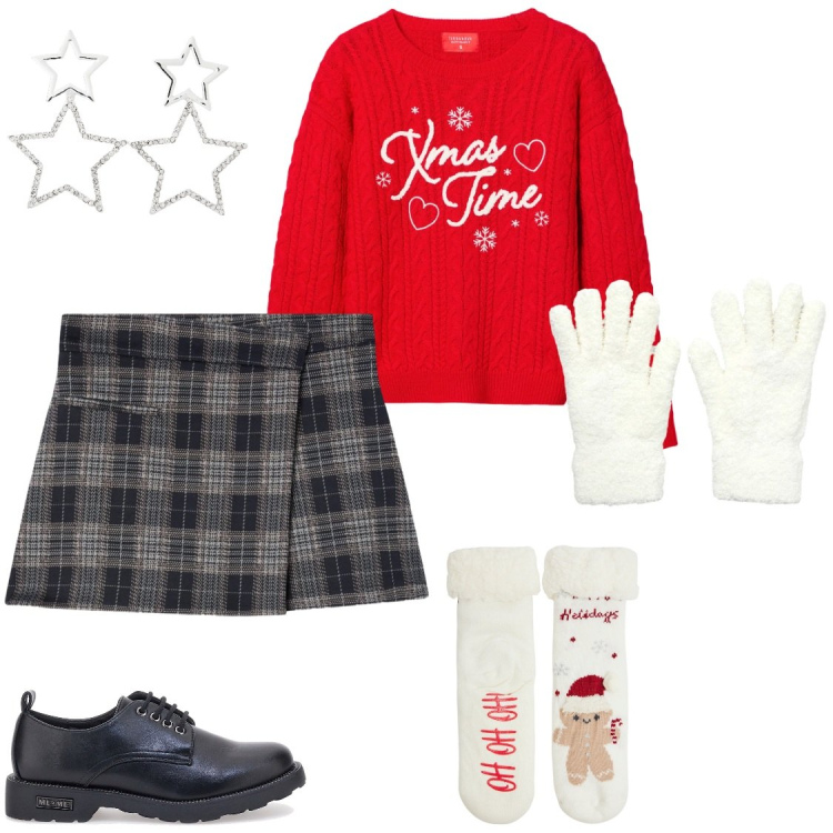 Outfit donna - preppy xmas. Stile Preppy per Serata fuori. Abbinamento con orecchini, maglieria, minigonne, guanti, calzini, scarpe stringate.