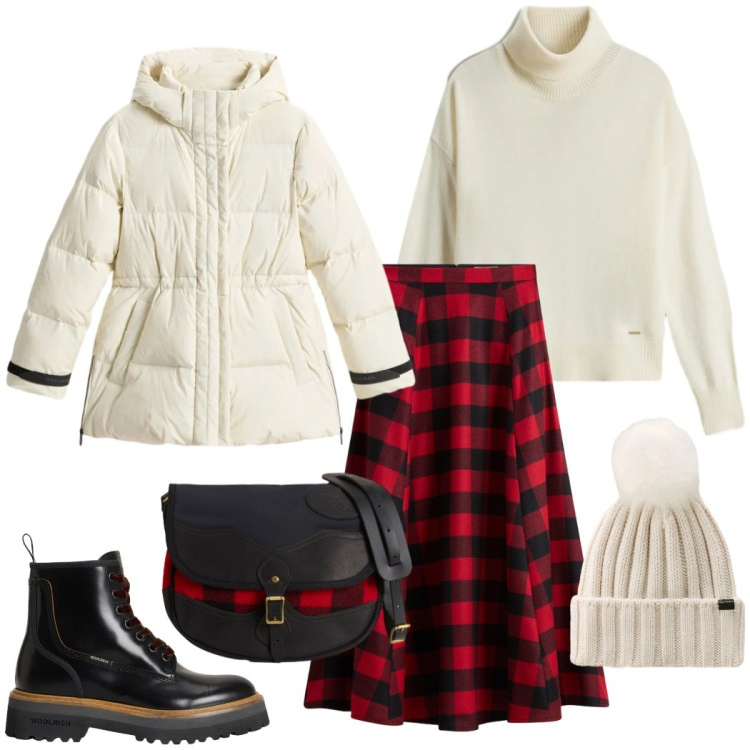 Outfit donna - Giorni di festa. Stile Casual chic per Tutti i giorni. Abbinamento con gonne lunghe, anfibi, borse a tracolla, berretti, maglieria, piumini.