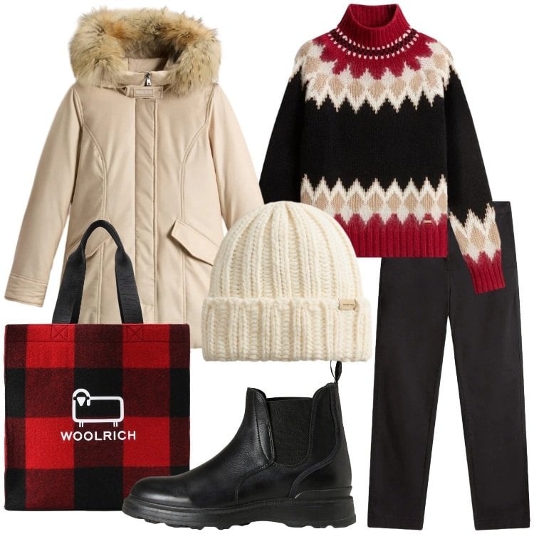 Outfit donna - Holiday Heritage. Stile Casual per Scuola/Università. Abbinamento con maglieria, parka, stivaletti, borse tote, pantaloni, berretti.