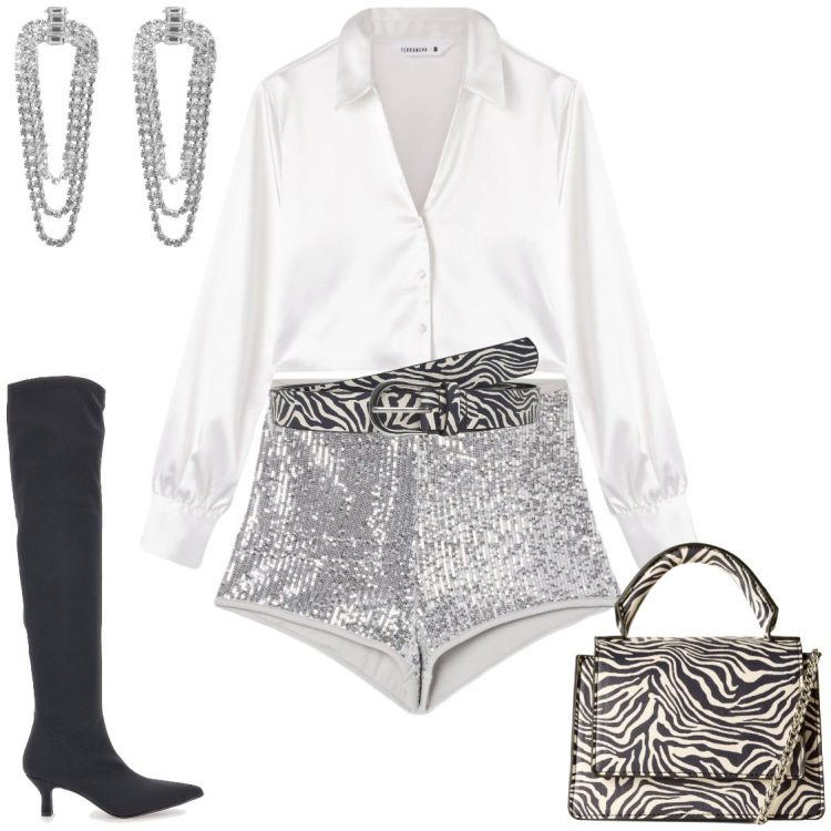 Outfit donna - Serate in festa. Stile Glamour per Serata fuori. Abbinamento con camicie, shorts, orecchini, borse a tracolla, cinture, stivali.