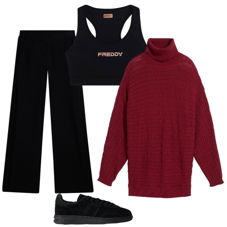 Outfit donna - Rilassata a casa…. Stile Sporty chic per Tutti i giorni. Abbinamento con maglieria, top sportivi, pantaloni sportivi, sneakers.