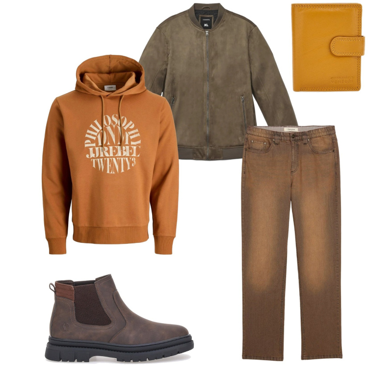 Outfit uomo - Total look #2297523. Stile Casual per Tutti i giorni. Abbinamento con jeans, felpe con cappuccio, giacche, stivali e stivaletti, portafogli.