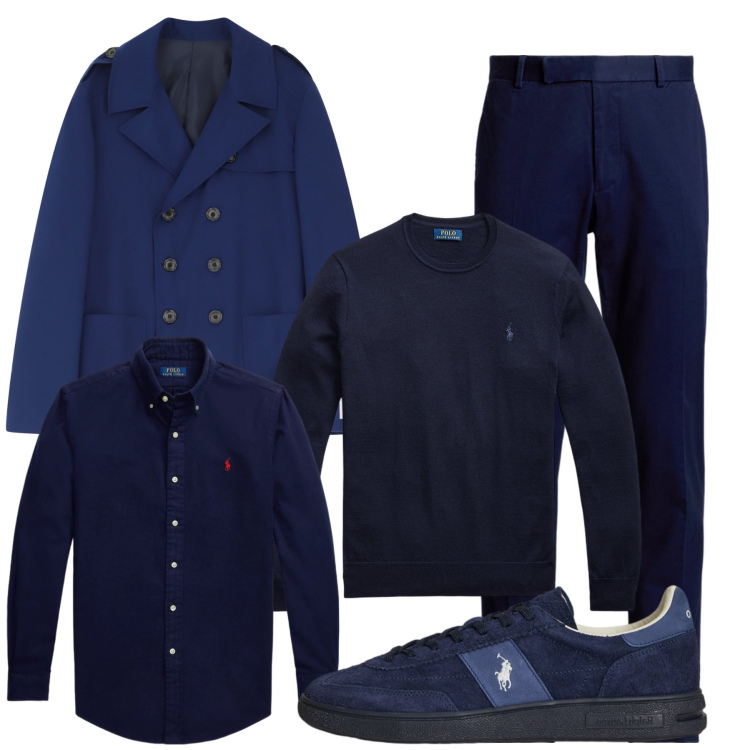 Outfit uomo - Blu mare. Stile Business/Elegante per Ufficio. Abbinamento con caban, sneakers, pantaloni chino, maglieria, camicie.
